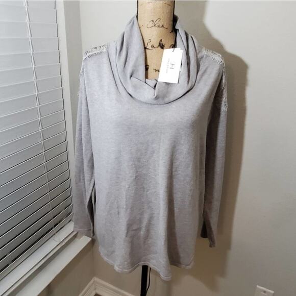 Halston Cowl neck lace‎ insert shoulder foggy Heather sweater size small NEW!!! - Picture 1 of 7